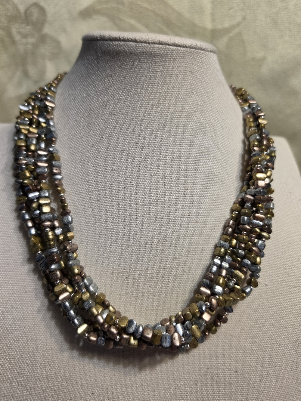 #1328 Multi-Row Metallic Look Beaded Necklace - Gold Silver Rose Gold